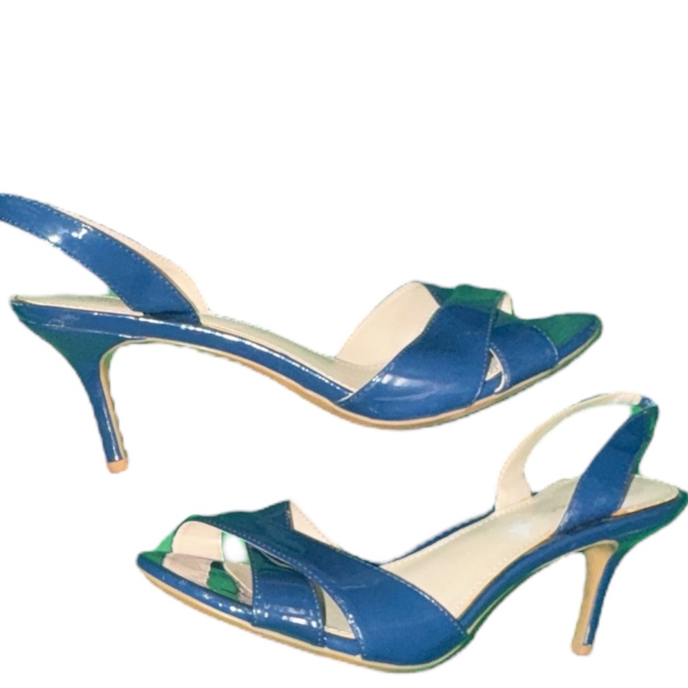 New Calvin Klein Sz 8 Navy Blue Heeled Leather Slingback Sexy Open Toe Sandals - Picture 3 of 6